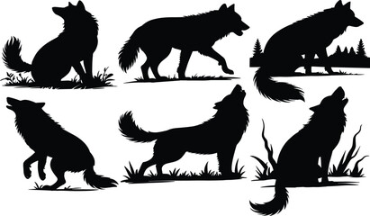 Wolf Silhouette, Howling Wolf, Wild Animal, Forest Vector, Nature Clipart, Predator Icon, Wildlife Graphic, Stylized Wolves, Editable Pack, Collection