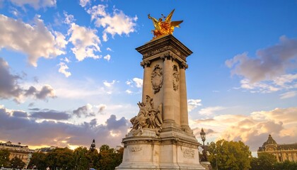 Obraz premium A majestic monument against a dramatic sunset sky, showcasing intricate carvings and golden details.
