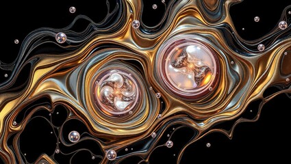 Abstract liquid gold and silver with central pearl spheres on a black background design art