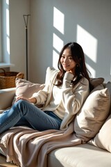 Obraz premium Beautiful 40-year-old Korean woman relaxing comfortably on a cozy hygge-style sofa in a modern living room, enjoying a serene moment at home.