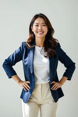 Studio portrait of a beautiful, confident 40-year-old Korean woman with various positive expressions, smiling happily on a clean white background.