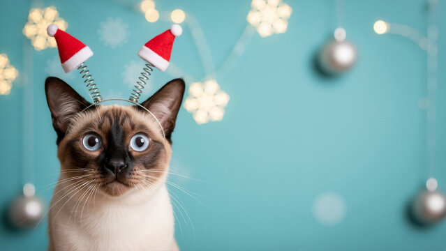 Siamese cat wearing a santa hat bopper headband. Portrait of a cat with blue eyes on a blue winter background. Funny Christmas pet concept with copy space.