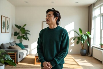 Fototapeta premium Handsome middle-aged Korean man relaxing at home, standing thoughtfully in a modern, bright, and spacious minimalist living room.