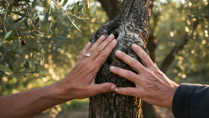 Couple hands touching old olive tree bark in sunlit grove. Connection with nature, love, and longevity. Mediterranean lifestyle, agriculture concept.
