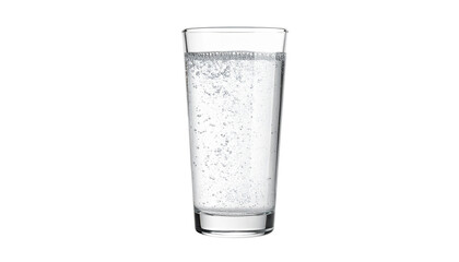 Glass of sparkling mineral water with bubbles, isolated on transparent background, refreshing healthy drink.