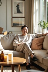 Obraz premium Handsome 40-year-old Korean man relaxing comfortably on a cozy hygge-style sofa, smiling and enjoying a serene, stylish home lifestyle.