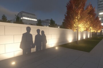 City scene at twilight, shadows of three people against a light-colored wall