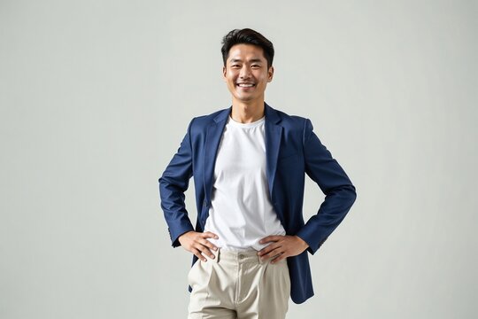 Confident and energetic 40-year-old Korean man with a radiant smile, posing for a portrait against a clean white background.