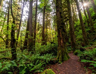 Fototapeta premium Lush forest path bathed in sunlight