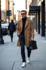 Fototapeta premium Candid street style photo of a handsome, dapper man confidently walking on a city sidewalk wearing a luxurious double-breasted coat.