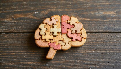 create a visual representation of the brain shape made from wooden puzzle blocks, highlighting the logical thinking side, the subject should be positioned at the top of the image