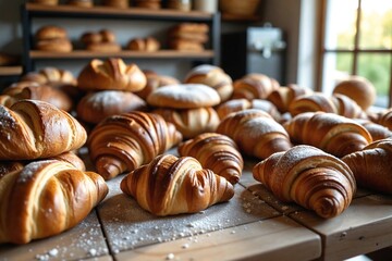 Abundant assortment of freshly baked artisan breads and pastries overflowing on a rustic wooden table in a warm, inviting bakery.
