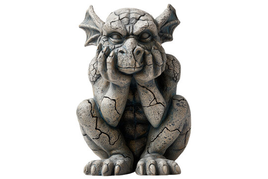 A Halloween gargoyle statue with cracked stone, isolated on a transparent background.