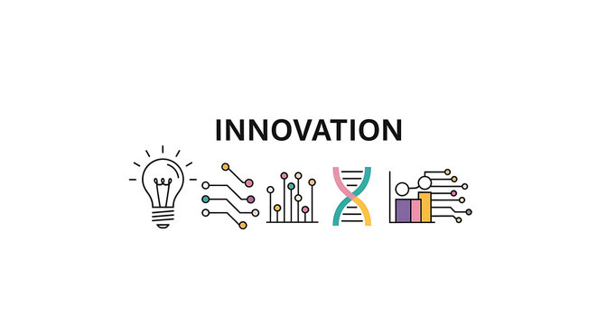 Illustration showing lightbulb, circuit board, graph, dna strand, and bar graph for innovation ai generated - Powered by Adobe