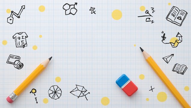 A white paper with drawings, pencils, and an eraser isolated on white background