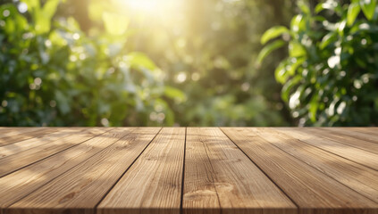 AI image of a close-up of a empty wooden table for displaying products, set against a blurred natural background of lush green foliage, with the warm and soft beautiful morning sunlight