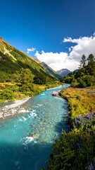 Fototapeta premium Turquoise river flowing through a lush valley, surrounded by mountains under a partly cloudy sky