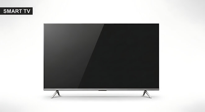 A modern smart tv with a sleek design and silver stand on a white background in a studio setting ai generated