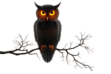 Fototapeta premium A Halloween owl with glowing eyes sitting on a branch, isolated on a transparent background.