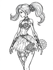 Minimilist steampunk girl with gears and chains wearing a star adorned top and a short frilly skirt in black and white vector