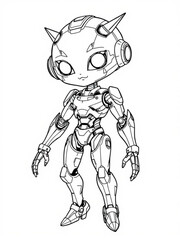 Fototapeta premium Minimilist detailed line art of a humanoid robot with horns and large eyes standing upright pose illustration vector