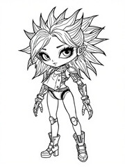 Minimilist illustration of a stylized female character with spiky hair and robotic armor in black and white line art vector