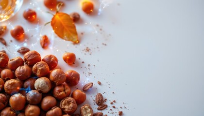 Obraz premium vividly depict a bunch of hazelnuts and nuts glowing under electric brilliance on the left side, leaving ample white space on the right for copy text