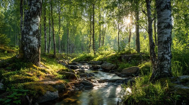 Serene forest stream bathed in golden sunlight, with vibrant green foliage and birch trees