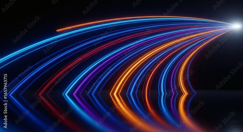 Canvas Prints neon light streaks curve and converge to a bright point on a dark reflective surface