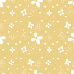 Seamless floral pattern. Abstract nature pattern in beautiful botanical style: hand drawn white flowers, small leaves on yellow background.