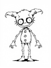 Minimilist illustration of a creepy cartoon character with large eyes and stitched mouth standing upright alone vector