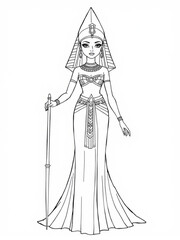 Minimilist illustration of an egyptian queen with a tall headdress holding a staff in black and white style vector