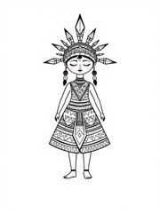 Minimilist illustration of a girl with tribal headdress and patterned dress in black and white style drawing vector