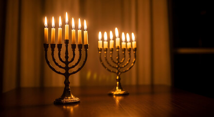 Two menorahs with lit candles on a wooden surface in a dimly lit room creating a warm glow ai generated