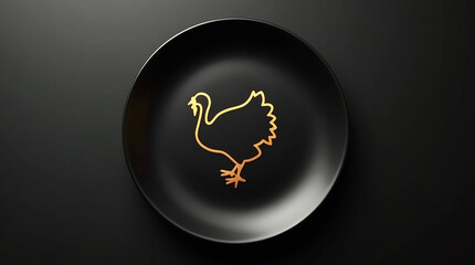 Fototapeta premium Sophisticated thanksgiving design with a golden turkey outline on a black plate, ideal for elegant holiday dinners, autumn celebrations, and stylish seasonal themes with a luxurious feel