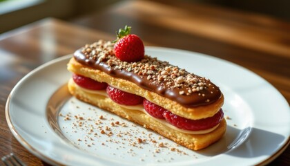 title: gourmet eclair delight subject at the top: copy space at the bottom: under dappled light.