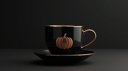 Elegant autumn design featuring a black cup with a golden pumpkin, perfect for halloween, thanksgiving, and seasonal themes, ideal for stylish beverage presentations with a luxurious touch