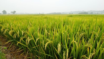 Fototapeta premium Harvesting rice in lush fields rural landscape nature photography vibrant green environment wide-angle view