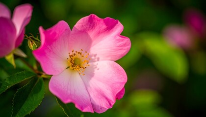 Naklejka premium Close-up of a vibrant pink wild rose, showcasing delicate petals and a central cluster of golden stamens, bathed in sunlight against a blurred background of lush greenery.