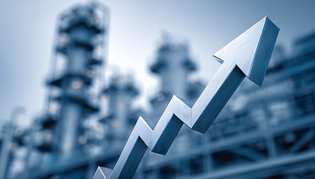 Industrial Growth Arrow Against Blurred Factory Background