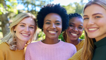 Fototapeta premium Harmonious Faces of Friendship: A radiant gathering of women, each displaying genuine smiles, captures the essence of joy, camaraderie, and the beauty of friendship.
