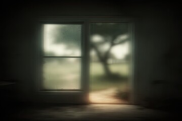 Interior view of a room, with a window and door revealing a hazy outdoor scene