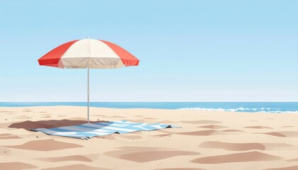 Beach Parasol on Sandy Coast: A vibrant red and white parasol casts a cooling shadow over a beach blanket on the golden sands of a sun-kissed coastline, inviting relaxation.