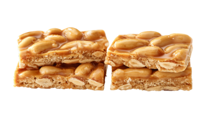 Crunchy peanut butter energy bars stacked on transparent background