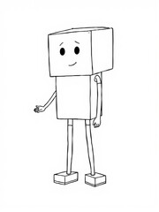 Minimilist illustration of a cartoon character with a box head and rectangular body standing upright smiling vector