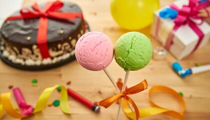 Colorful cake pops with party decoration
