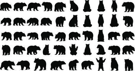 bear, silhouette, cartoon, walking, sitting, standing, pose, animal, wildlife, black, icon, gesture, movement, design, graphic