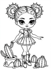Minimilist illustration of a cute doll with space buns wearing boots and standing near cacti in black and white style vector