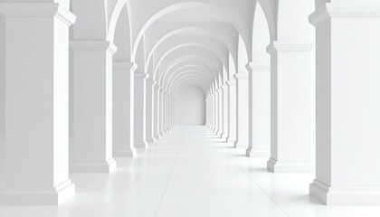 White classical arches create endless perspective, symmetry, and depth in a minimalist architectural corridor with bright lighting and clean lines.