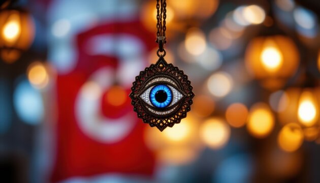 create a captivating photo featuring an intricately designed evil eye or nazar amulet in a close up shot